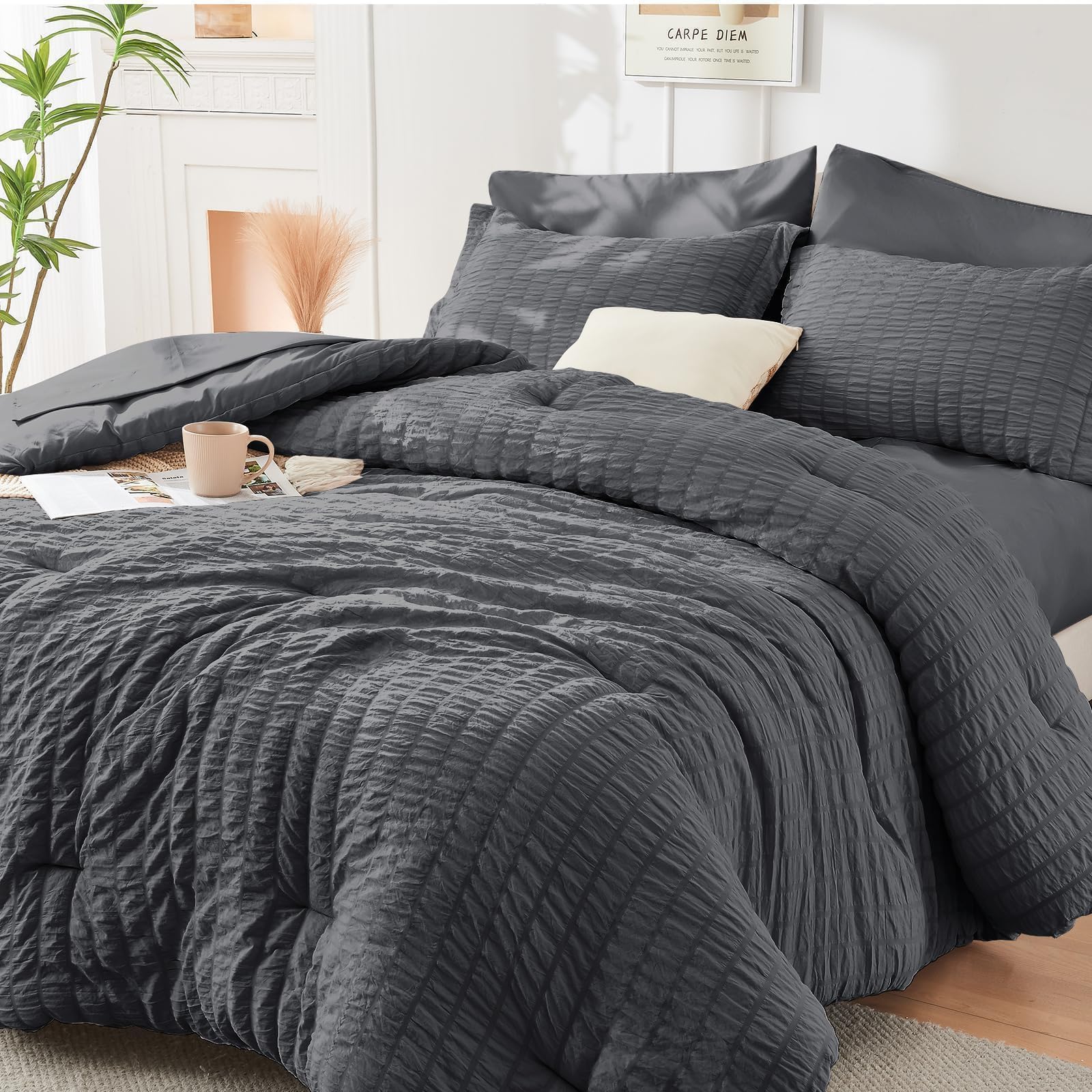 HYMOKEGE Queen Comforter Set Seersucker 7
