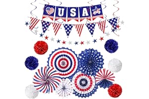 JIALWEN 4th of July Patriotic Party Decorations, 6 Paper Fan, 6 Flower Ball, 1 USA Swallowtail Flag, 1 USA Pennant Flag, 1 Star Streamer, 6 Swirl, Independence Day, Memorial Day, Veterans Day Decor Supplies
