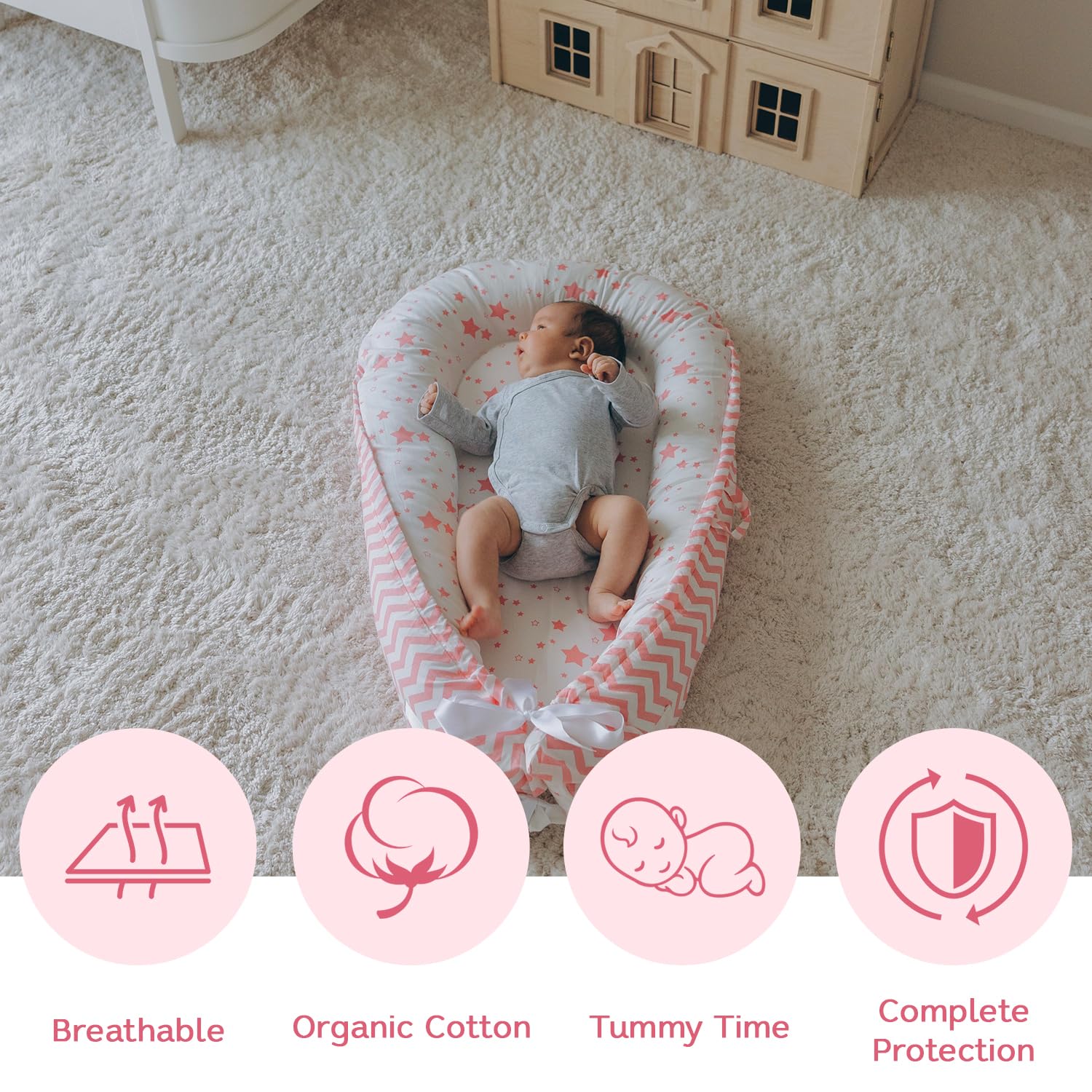 Aila+Aiden Baby Lounger | Organic Cotton Infant Lounger | Reversible, Adjustable & Portable Floor Lounger | Supervised Use | Soft, Breathable, Washable Cover - Star Collection (Pink)