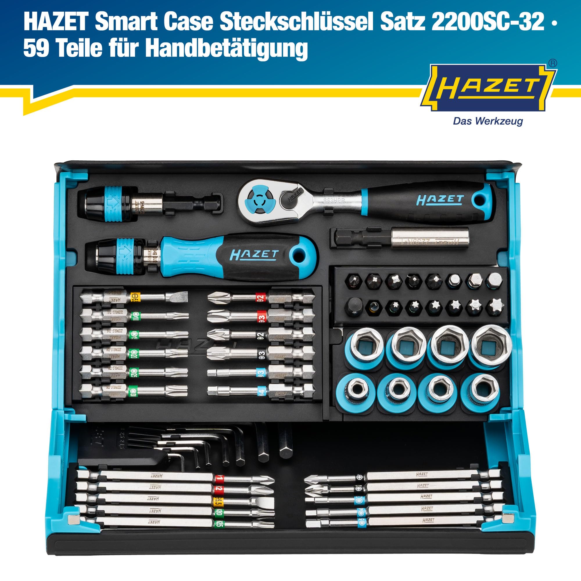 HAZET Smartcase Bit-Satz 2200SC-32 I 59-teilig, Antrieb: Sechskant 6,3 (1/4 Zoll), besonders viele Werkzeuge auf kleinstem Raum für beste Übersicht I klappbarer Werkzeug-Satz Made in Germany 7