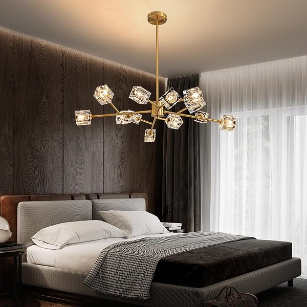 HLMRCHEN GOLD DINING ROOM CHANDELIER,CRYSTAL MODERN CHANDELIERS, 12 LIGHTS SPUTNIK KITCHEN DINING ROOM LIGHT FIXTURE(36″