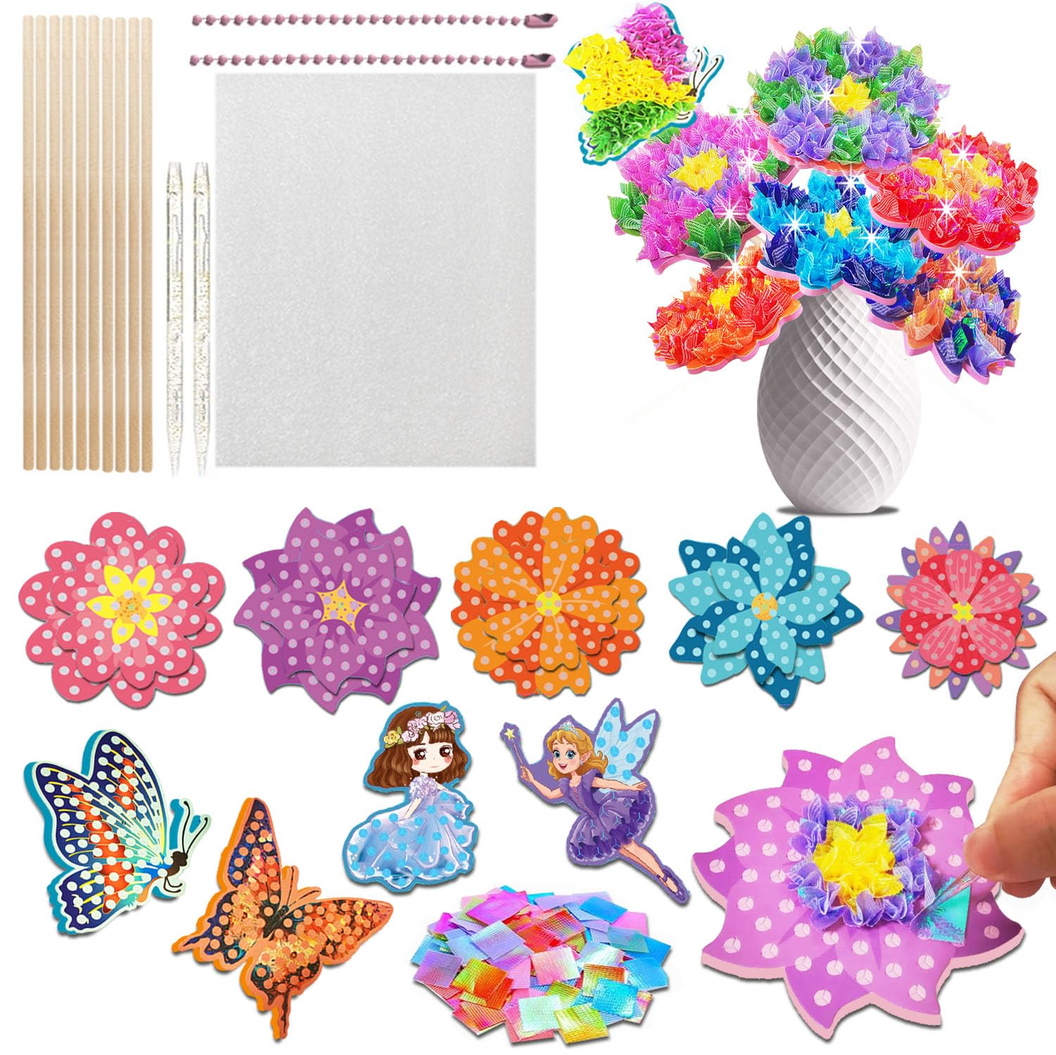 JRD&BS WINL DIY Craft Kit for Kids, Poke-in Art Flower Bouquet Creative Activity for Kid Mess- Free Art for Girls Gifts for Boys Age 3 up, Fun Fabric Craft Decor Birthday Gifts (Flower)