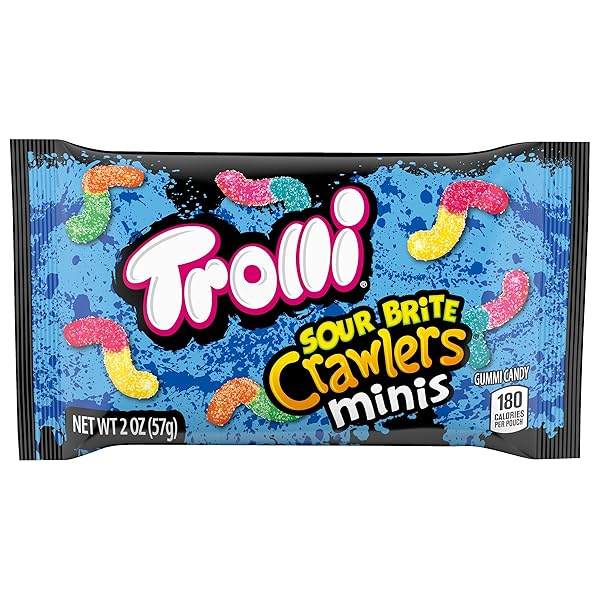 TROLLI SOUR BRITE CRAWLERS MINIS CANDY, SOUR GUMMY WORMS, 2 OUNCE TREAT-SIZE POUCHES (PACK OF 18)