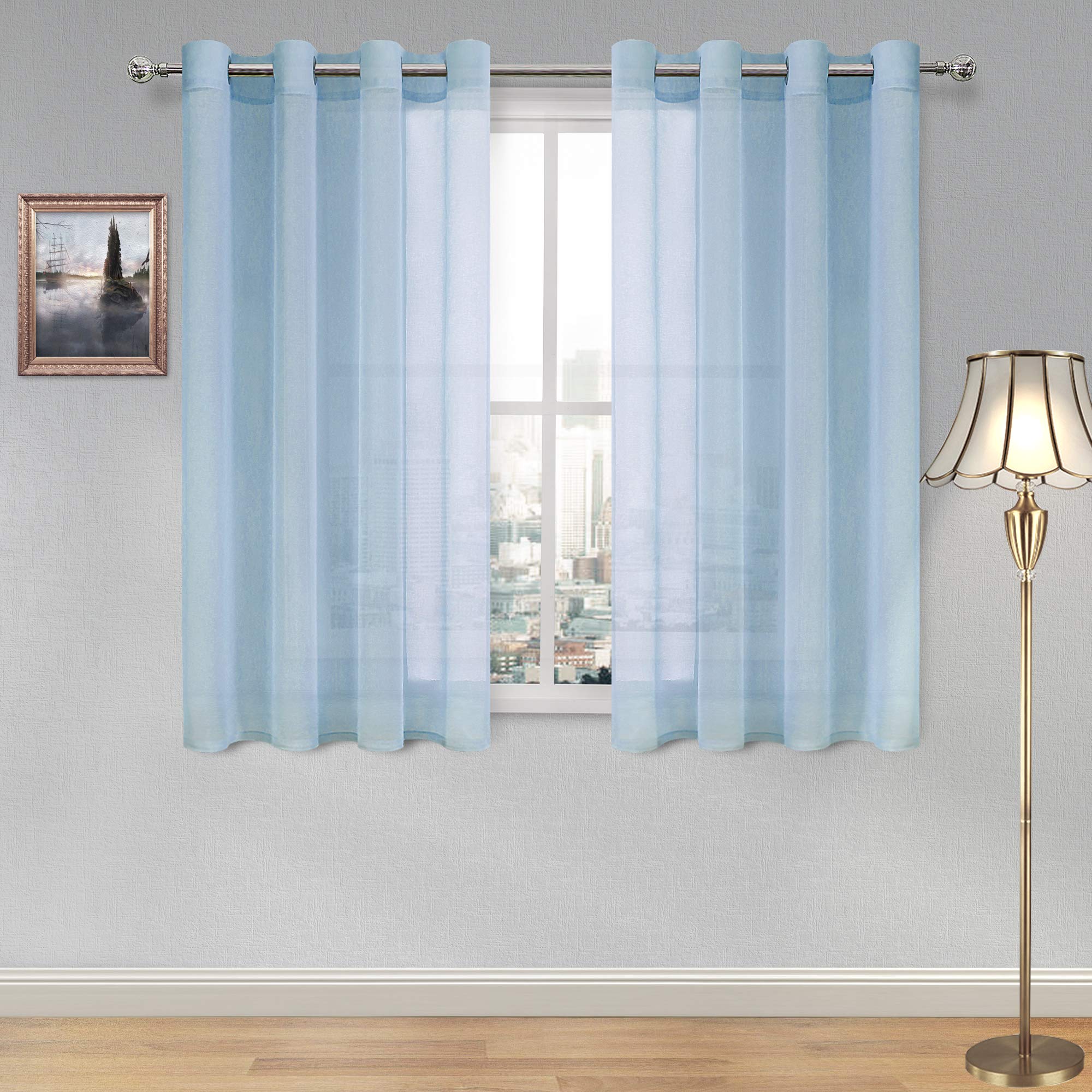 DWCN Sky Blue Faux Linen Sheer Curtains - Grommet Voile Window Curtain Drapes for Bedroom Living Room 52 x 45 inch Length, Set of 2