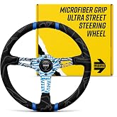 MOMO Motorsport Ultra Street Steering Wheel, Black Premium Microfiber Grip Blue Anodized w/Logo, Blue Double Center Stripes, 350mm - ULT35BK0BU