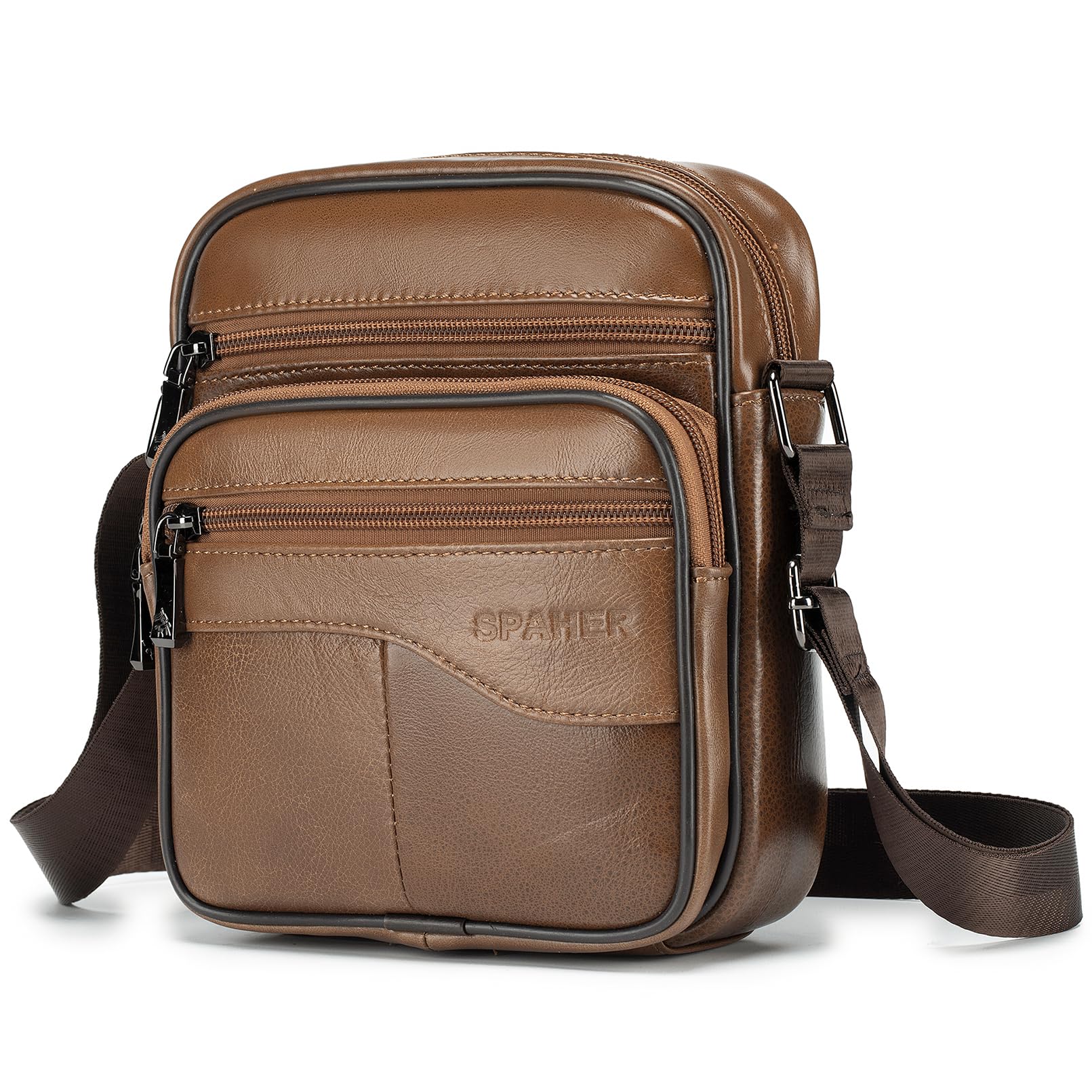 SPAHER Men Small Genuine Leather Handbag Shoulder Bag Satchel Business Messenger Backpack Crossbody Casual Sling Travelling Bag Mens Gift For Wallet Purse Mobile Phone Keys