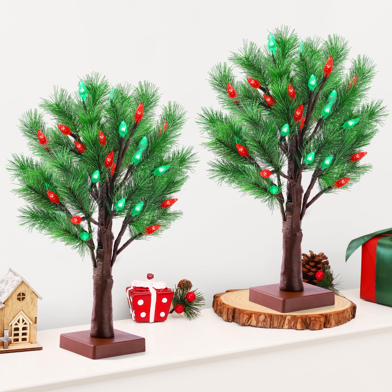 Photo 1 of 2 Pack Christmas Decorations Indoor Artificial Lighted Christmas Tree with C6 Strawberry,Total 48 LED Battery/USB Operated Pine Tree for Tabletop Fireplace Harvest Home Indoor Xmas Decor (Green)