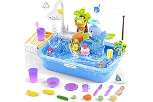 MAYSIDA Play Sink with Running Water, Color Changing Play Sink with Upgraded Electric Faucet & Pump, Water Table for Toddlers 1-3, Pretend Play Kitchen Sink & Summer Water Toys for Boys Girls, Blue