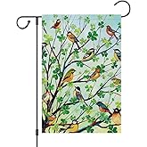 Louise Maelys St Patricks Day Garden Flag Shamrock Bird Tree Welcome Double Sided 12x18 Inch Small Burlap Spring Holiday Yard Outdoor Outside Home Decor