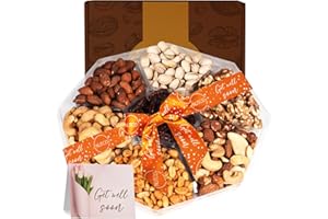 Gourmet Collection Nut Gift Basket With Greeting Card By Nutco 7 Assortments, Arrangement Platter, Care Package - Healthy Kosher USA Made (1 lb, Get Well Soon)