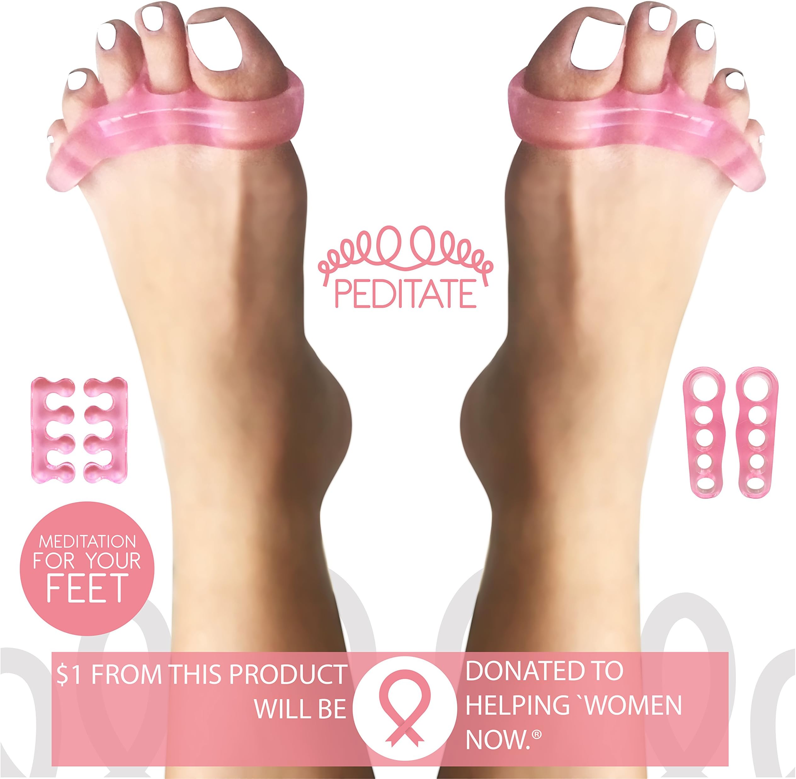 Gel TOE SEPARATORS and Toe STRECHERS Kit Pink By PEDITATE: Instant RELIEF For Common Feet Problems. Bunion CORRECTOR, Hammer Toes & More! - SUPPORTS National BREAST CANCER Foundation Pink