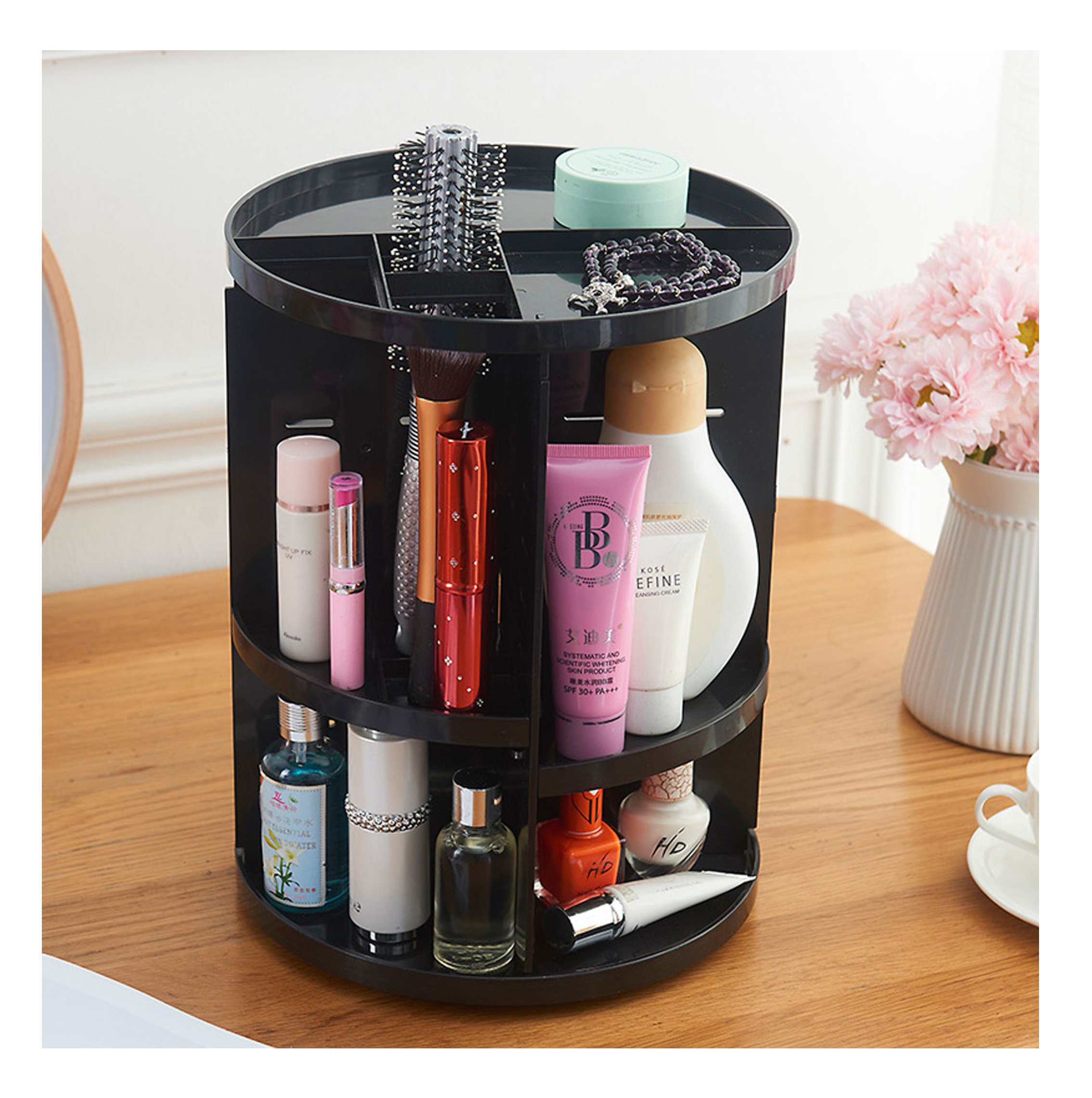 JJMG NEW 360° Rotation Table Top Make Up Organizer - Plastic Black Cosmetic Storage Case