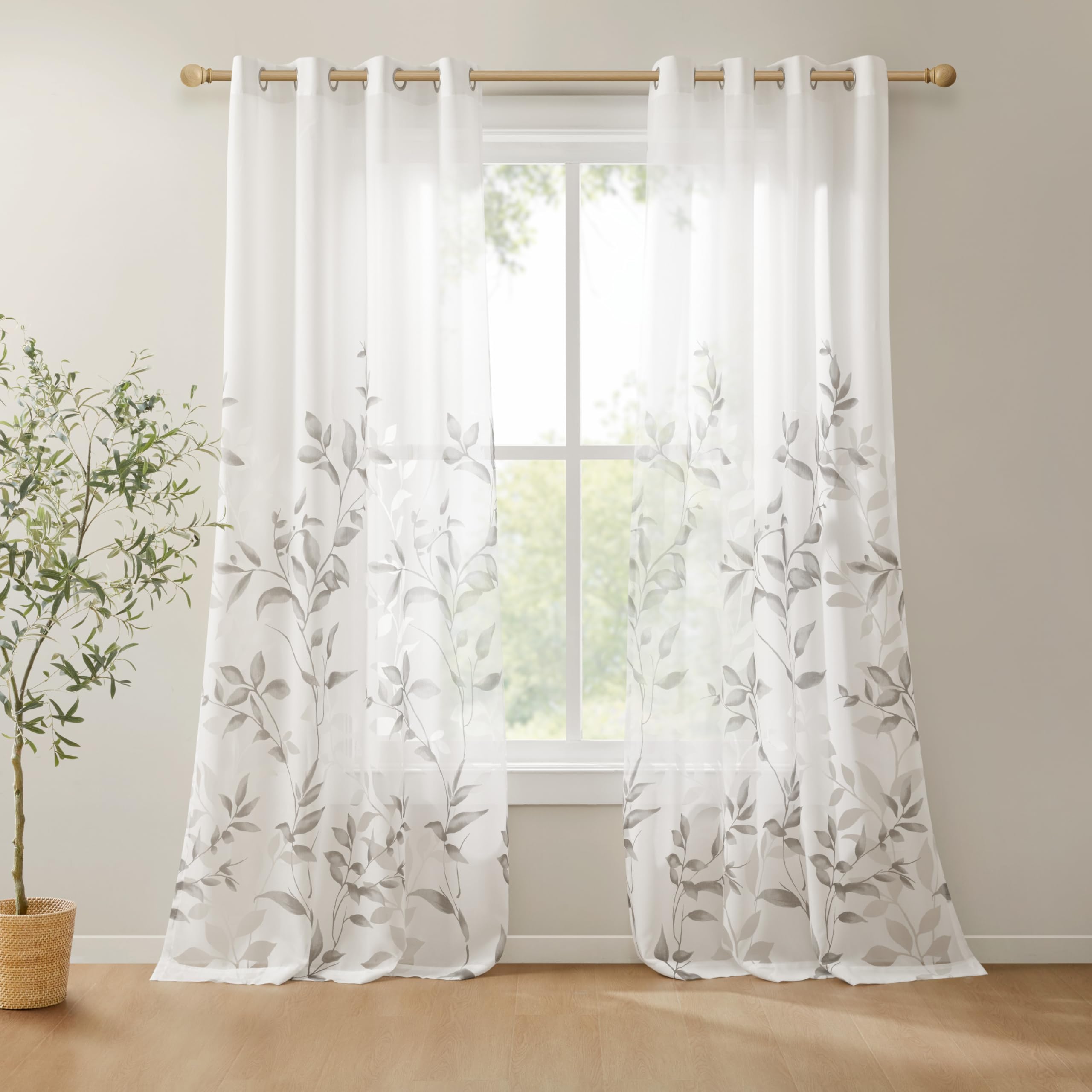 Madison Park 2 Panel Semi Sheer Curtain for Living Room Window, Lightweight Burnout Botanical Print Bedroom Curtains, Grommet Top Window Shades for Home, Machine Washable, Cecily, 2-PK 50x84, Grey Image