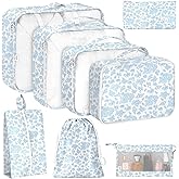 8 Set Packing Cubes for Travel, Luggage Packing Organizers Accessories Large Toiletries Bag for Clothes Shoes Cosmetics (Blue Flower)