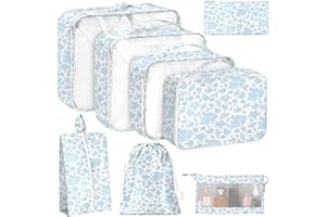 KPX 8 Set Packing Cubes for Travel, Luggage Packing Organizers Accessories Large Toiletries Bag for Clothes Shoes Cosmetics (Blue Flower)