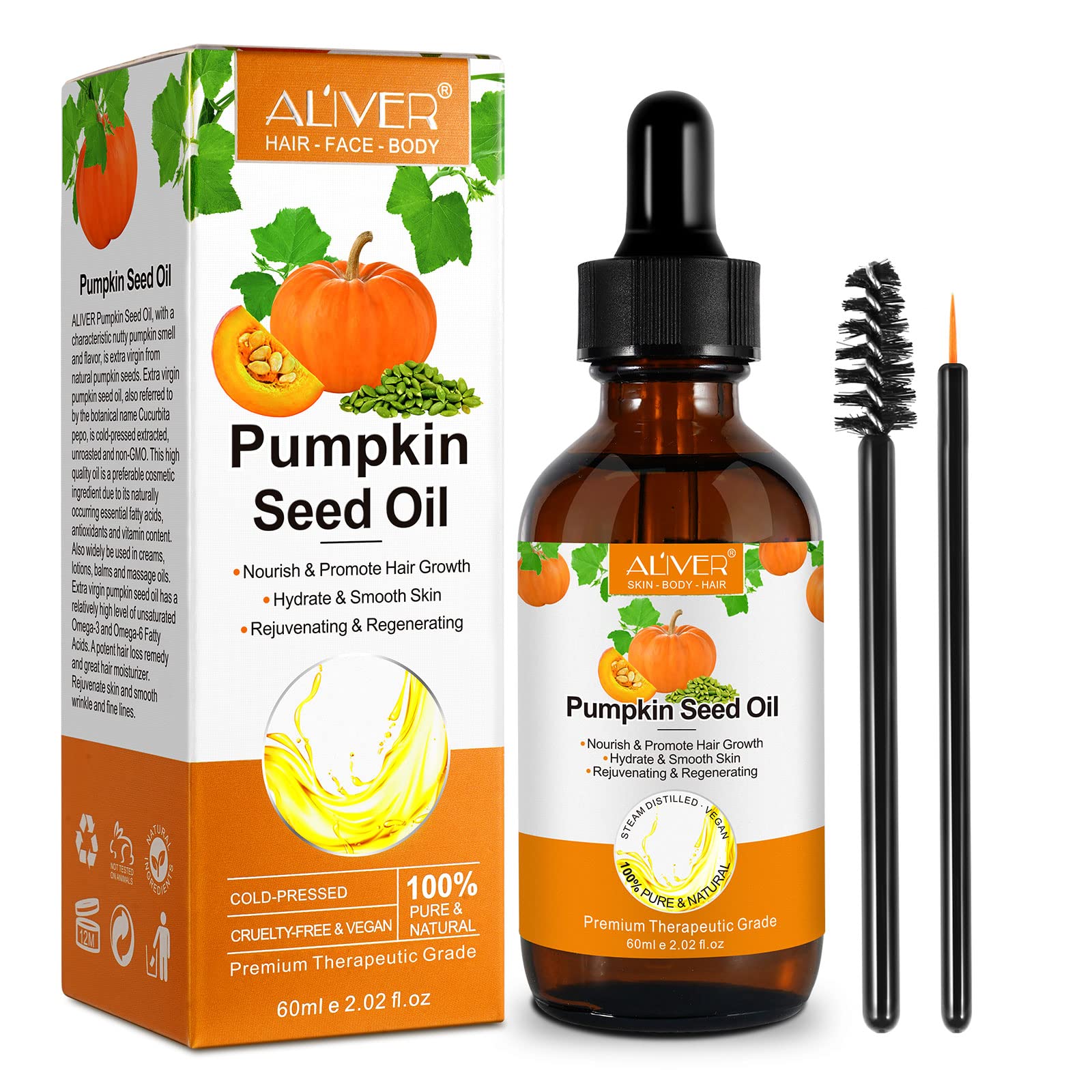Pumpkin Seed Oil for Hair (60 ml), Pumpkin Seed Oil Perfect for Hydrating & Repairing Dry, Damaged Hair Skin Care, Pure Natural and Cold Pressed - Face, Body, Hair, 2 FL oz
