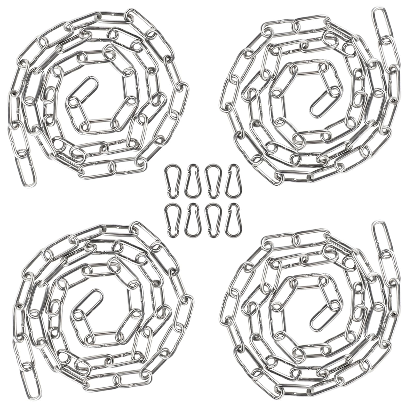 EXLECO 4 Stainless Steel Chain 1 m 3 mm Steel Chain Link Chain Barrier Chain Decorative Chain Metal Chain for Hanging Dog Chain Anchor Chain Round Link Chain Long Links with 8 Carabiner Hooks Polished