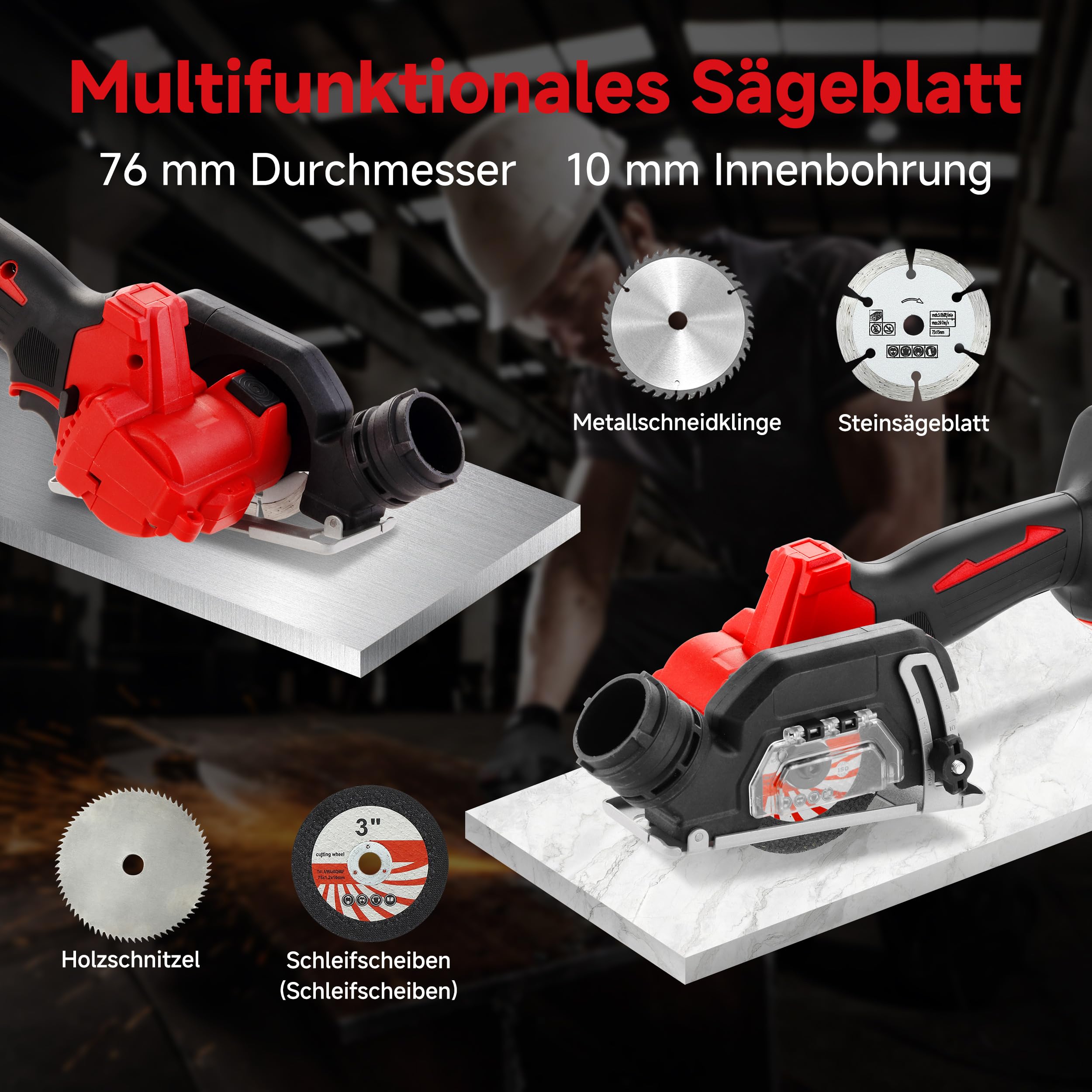 TEENO Akku-Mini-Handkreissäge, Akku Handkreissäge mit LED-Leuchte, 2x 4,0Ah-Akkus, Einstellbarer Schnittwinkel, 20000 U/min, 3 Sägeblätter inklusive Schleifscheibe für Metall, Holz und Fliesen 6