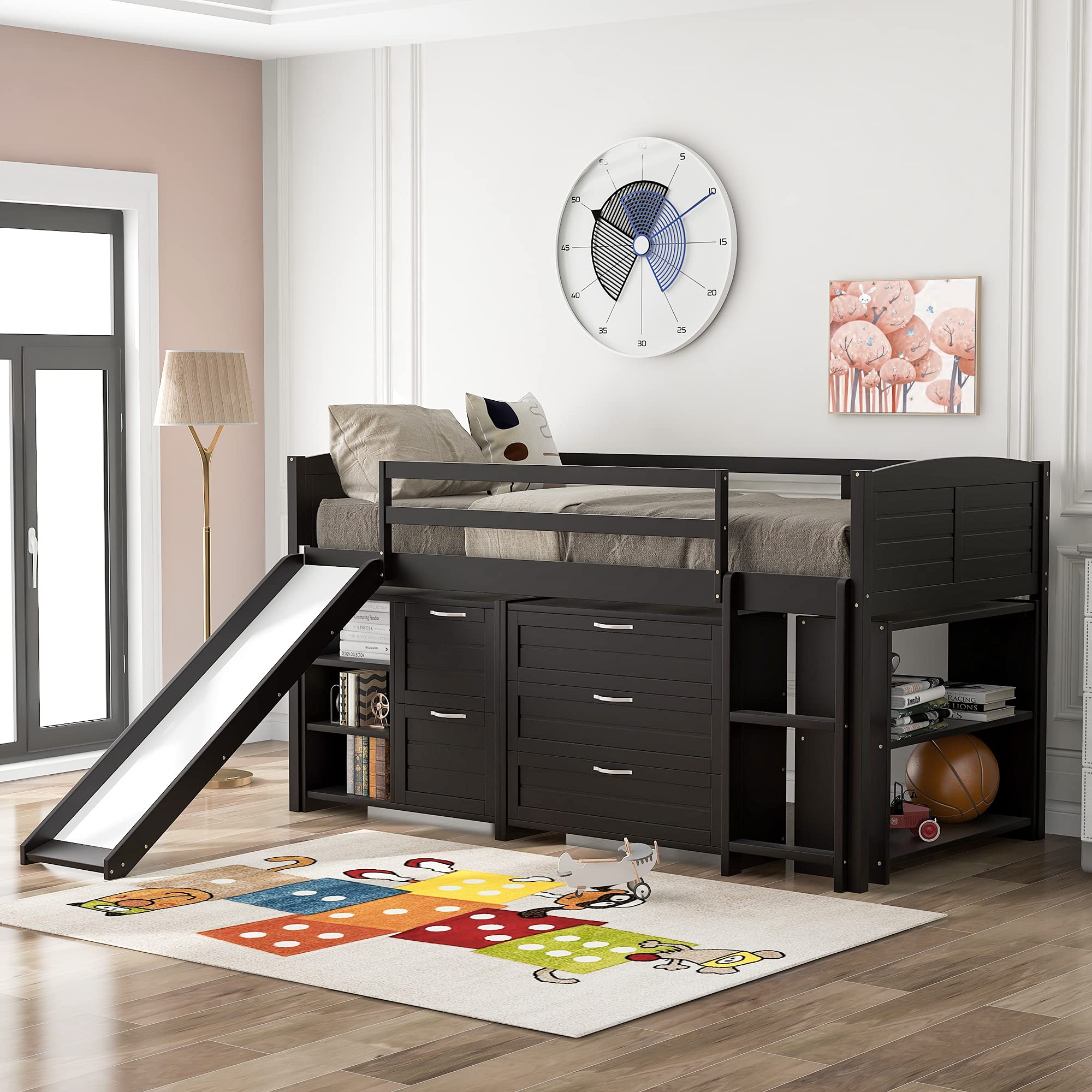 Merax Low Twin Size Loft Bed with Storage Cabinets, Shelves and Slide ...