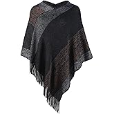 Women's Elegant Knitted Shawl Poncho with Fringed V-Neck Striped Sweater Pullover Cape Gifts for Women Mom