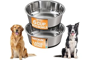 Neater Pet Brands Stainless Steel Dog Bowls with Non-Slip Rubber Bottom – Set of 2, 6 Cup (48 oz), Black - Heavy Duty Metal Dog Bowl, Dishwasher Safe, Food or Water Bowl, Ideal for Large Dogs