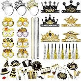 56 Piece New Year Eve Party Supplies, New Year Headband Tiara Gold Noise Makers Hat Bead Necklace and Fancy Party Glasses Photo Props for NYE Party Eve Accessories