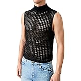 WDIRARA Men's Cut Out Contrast Mesh Rib Knit Tank Top Sleeveless Tops High Neck Party Shirt