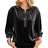 R.Vivimos Fall Tops for Women 2026 Velvet 3/4 Sleeve Henley Button Up Loose Casual Blouses Shirts