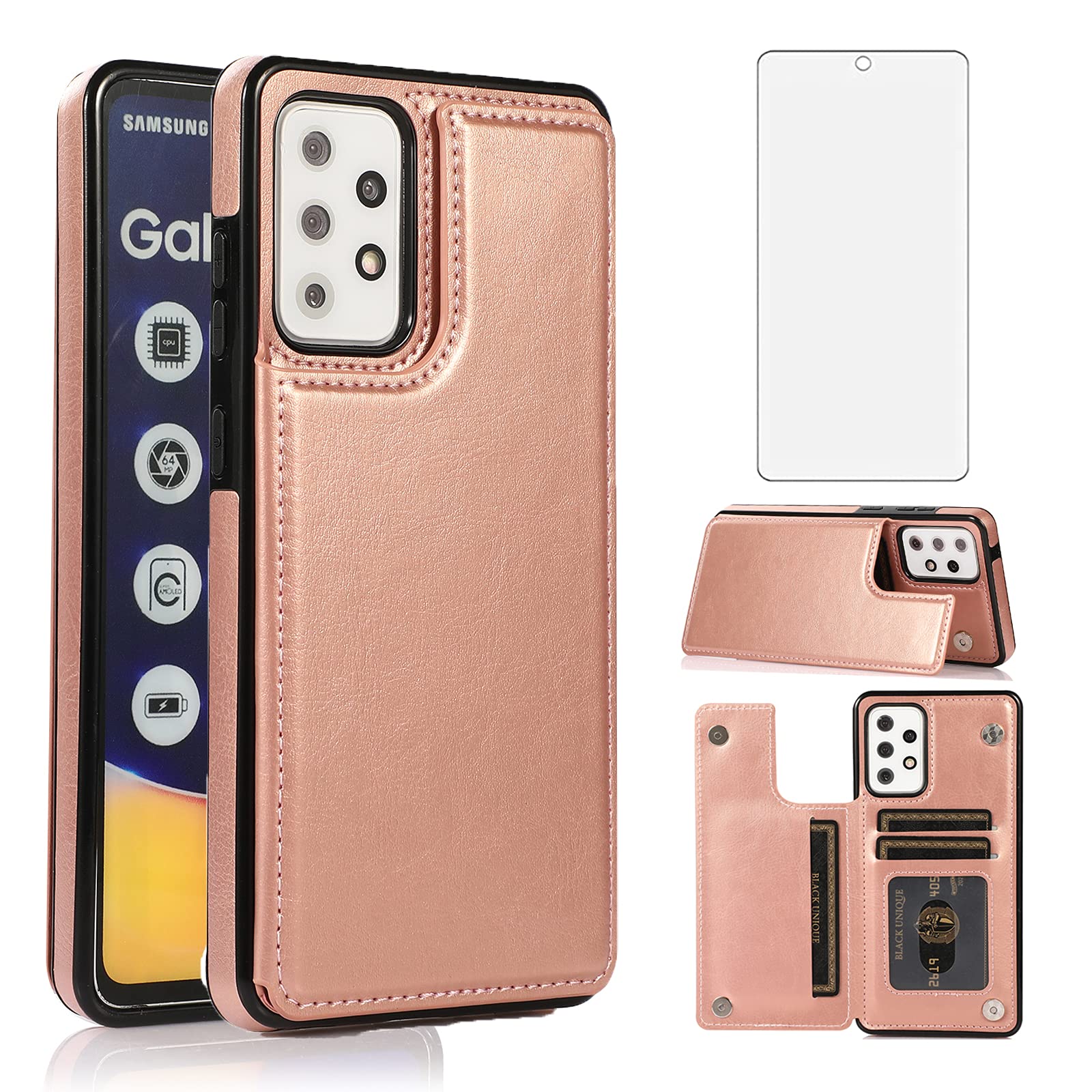 Asuwish Compatible with Samsung Galaxy A72 5G/4G Wallet Case and Tempered Glass Screen Protector Card Holder Cover Stand Magnetic Flip Cell Phone Cases for Glaxay A 72 Gaxaly 72A S72 Women Men Pink