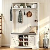 spanspace 71&ldquo; Hall Tree with Bench and Shoe Storage, Coat Rack and 2 Doors | 6 adjustable compartments organize shoes, a cushioned seat supports up to 260 lb, and 7 hooks keep coats, hats and bags.