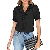 Funlingo Womens Blouses Dressy Casual Puff Sleeve V Neck Ruffle Tops Summer Business Work Shirts with Smocked Cuffs