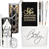 Domensi 6 Pcs Best Boss Birthday Gift Set Thank You for Women Boss Day Appreciation Day Gift 20oz Rustic Marble Sign Tumbler Makeup Bag A6 Notepad with Ballpoints Leader Manager Supervisor(Black)