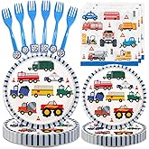 96Pcs Tansportation Party Supplies Traffic Cars Trucks Theme Tableware Set Plates Napkins Forks Serves 24 Guests Transport Vehicle Baby Shower Birthday Party Decorations