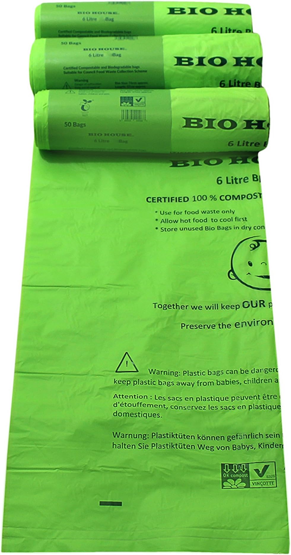 BIO HOUSE – 6 Litre x 10 Compostable, Biodegradable Kitchen Caddy Bin Liners/Food Waste Compost Bin Bags