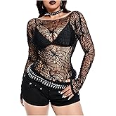 GORGLITTER Women's Long Sleeve Goth Fishnet Top Y2K See Through Sexy Crochet Boat Neck Gothic Rave Party Tees Shirt Top
