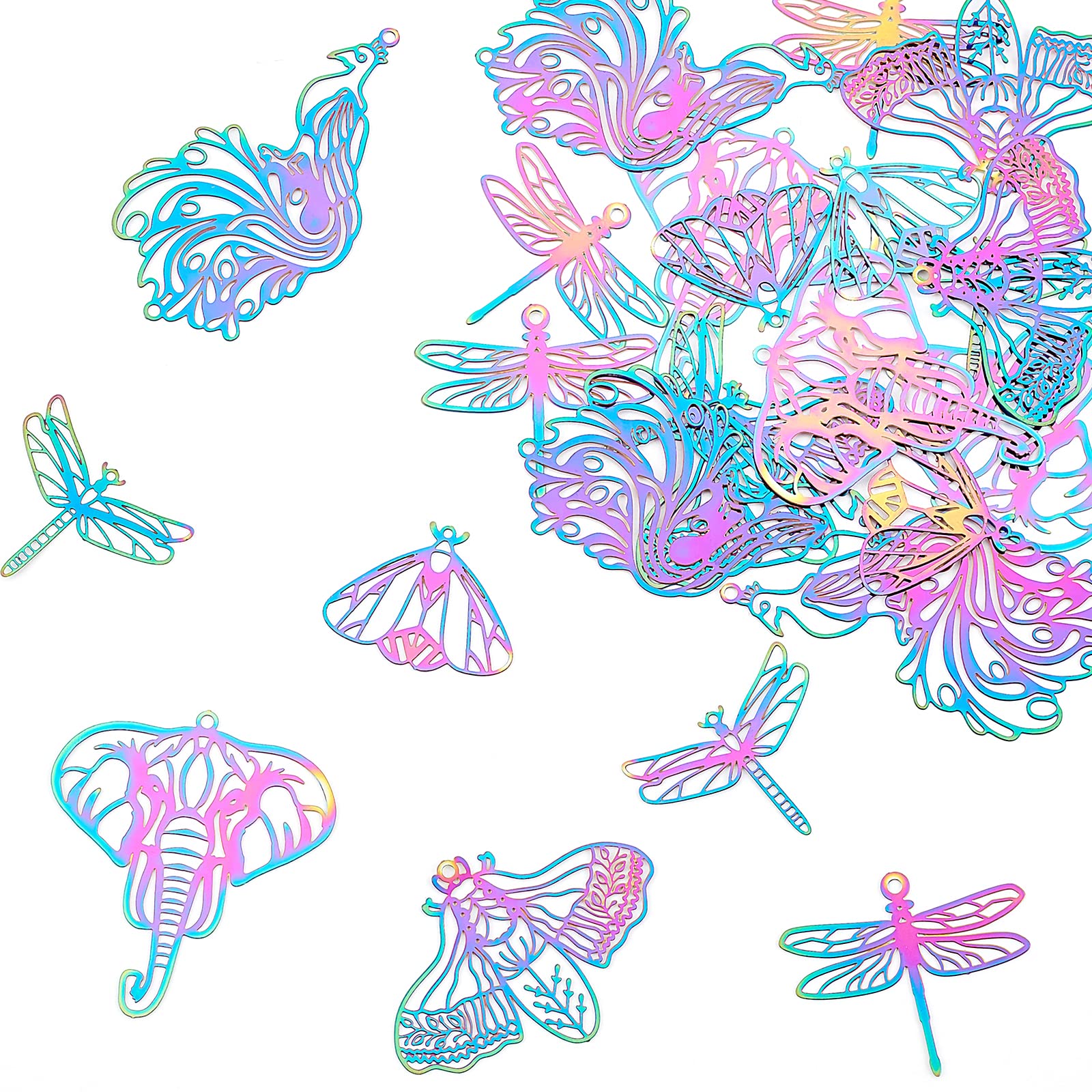 UNICRAFTALE 24pcs 6 Styles Filigree Big Pendants Butterfly Charms Stainless Steel Pendants Rainbow Color Etched Metal Dragonfly Charms Summer Insect Pendants for DIY Necklace Earring Jewelry Making