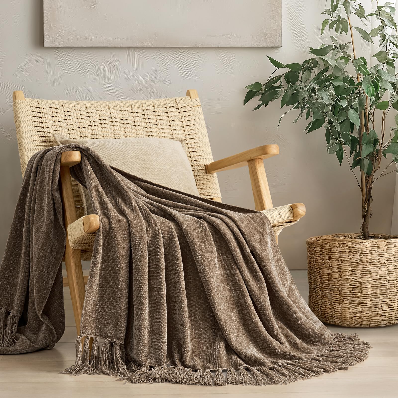 Photo 1 of EVERGRACE Soft Chenille Throw Blanket for Couch, Cozy Plush Fuzzy Decorative Chenille Knit Throw Blanket with Tassels, Lightweight Blanket and Throws for Bed Sofa Gift Home Decor, Mocha Brown 60"x80"