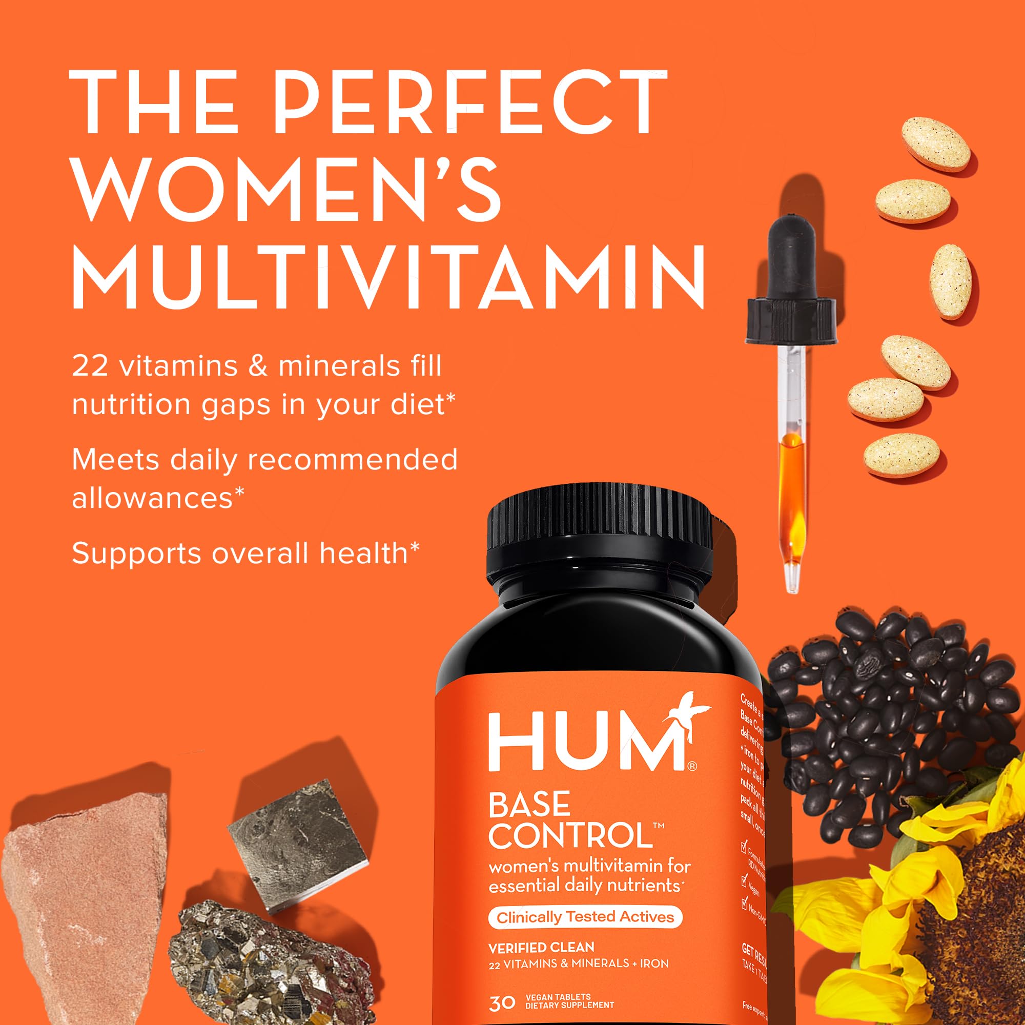 HUM Base Control - Daily Women's Multivitamin & Minerals w/B Complex, Vitamin C, 22 Micro-Nutrients + Iron & Biotin to Support Pre-Menopause Women - Non-GMO & Gluten-Free (30 Tablets)