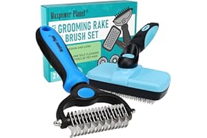 Maxpower Planet Dog Rake and Dog Hair Brush - Gently Removes Loose Undercoat, Mats and Tangled - Deshedding Grooming Tool for Dogs & Cats - Self Cleaning Slicker Brush - All Hair Types
