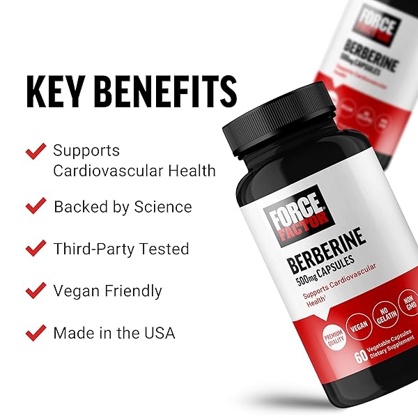 FORCE FACTOR BERBERINE 500MG SUPPLEMENT, CARDIOVASCULAR SUPPORT SUPPLEMENT, SUPPORTS HEART HEALTH, PREMIUM QUALITY, VEGAN, NO GELATIN, NON-GMO, 60 VEGETABLE CAPSULES