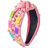 PANTIDE Easter Bunny Jeweled Knotted Headband - Rabbits Rhinestone Crystal Embellished Headband Wide Top Knot Fashion Hairband Hair Accessories Easter Spring Birthday Gift for Women Girls (Pink)