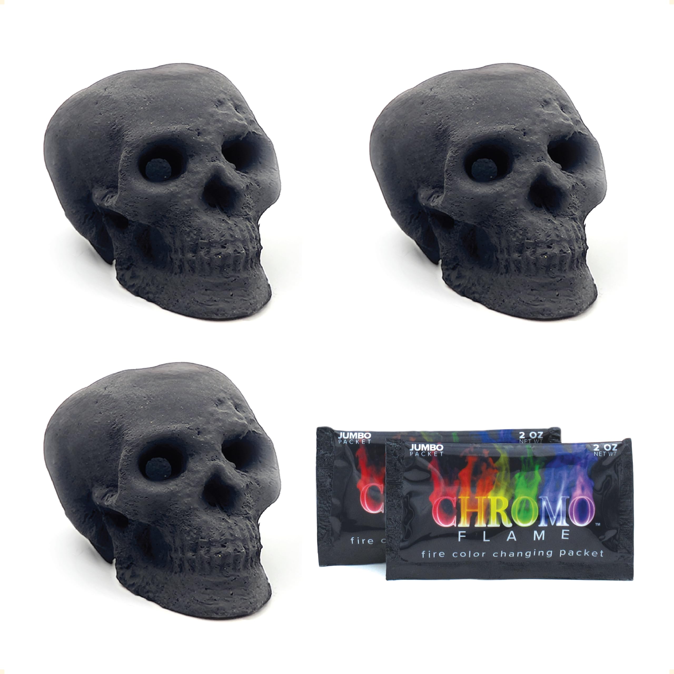 OSKER 3CT Mini Fire Pit Skull with Fire Color Changing Packets | Ceramic Fireproof Log for Bonfire, Campfire, Fireplace, Firepit | Halloween Decor | Gas, Propane, or Wood Fires | Black Image