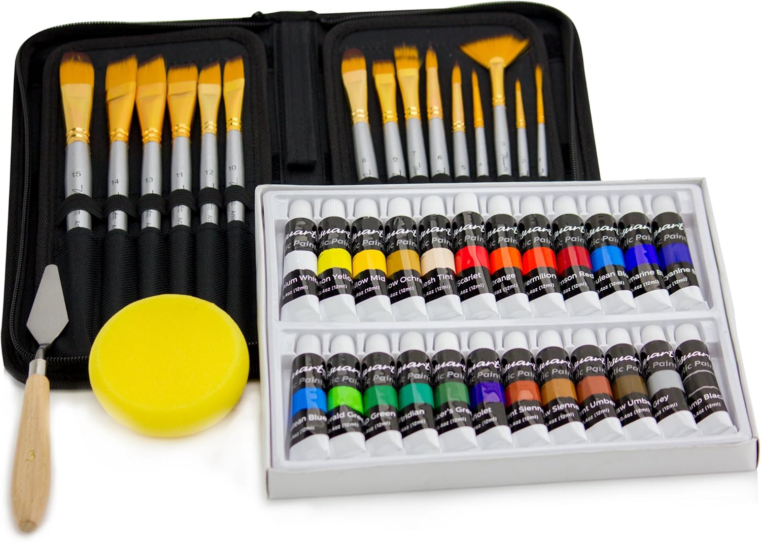 VisuartPRO Acrylic Paint Brush Set with 15 Premium Artist Brushes and Bonus 24 Color Acrylic Paint - Ultimate Kit for Canvas, Wood, Ceramic, Fabric (Acrylic Paint Set)