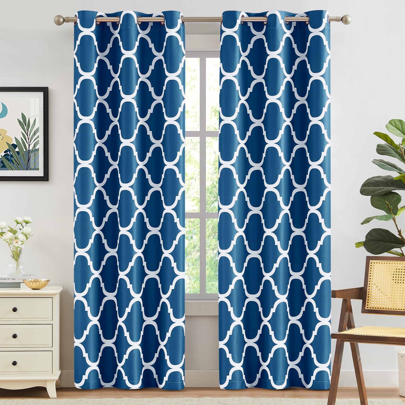 Melodieux Moroccan Fashion Thermal Insulated Room Darkening Blackout Grommet Curtains for Living Room, 42 by 96 Inch, Royal Blue (2 Panels)