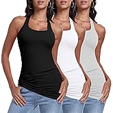 DYLH Cotton Racerback Long Tank Tops for Women Tunic Layering Sleeveless Undershirts Moisture Wicking 3 Packs