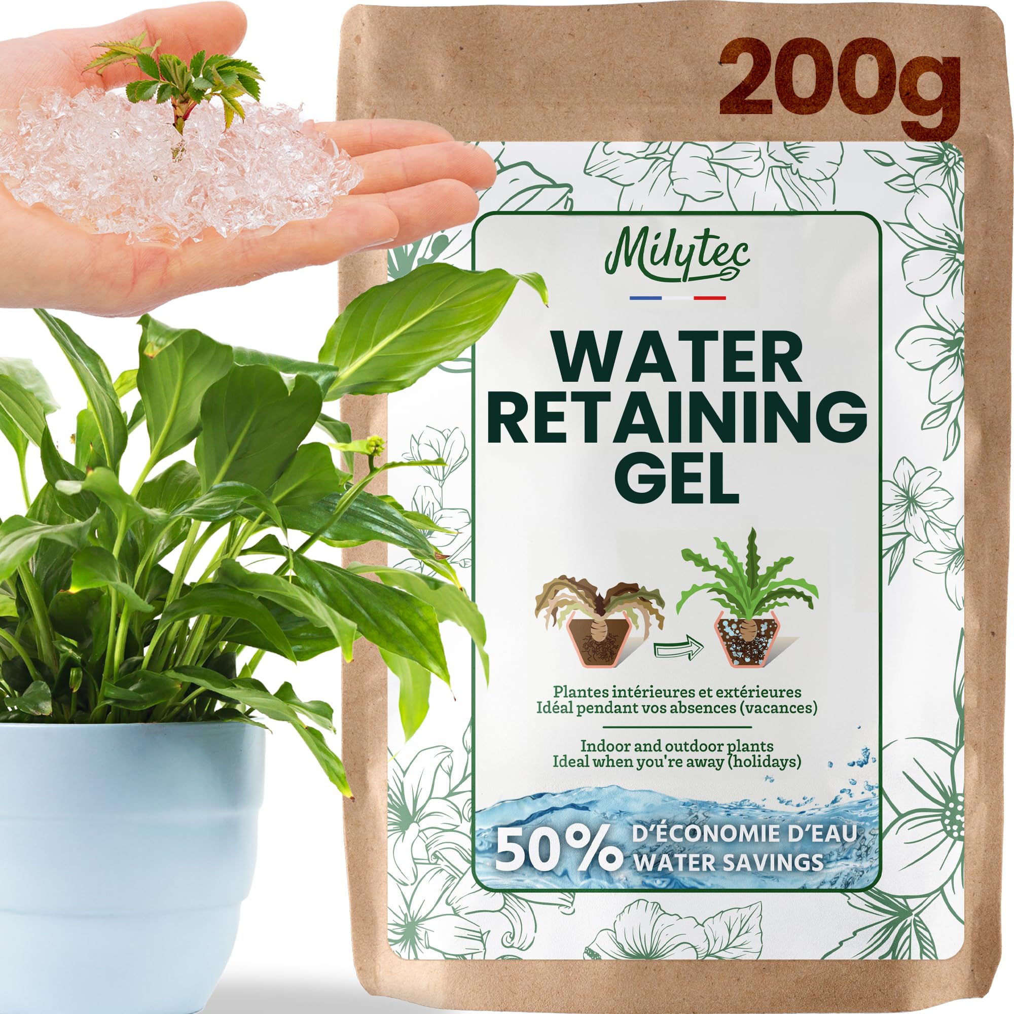 MILYTEC® Water Retaining Gel Granules 200g - Premium Water Storing Gel for Plants - Automatic Watering Granules for Indoor and Outdoor Use - Soil Moisture Gel Crystals for Enhanced Hydration