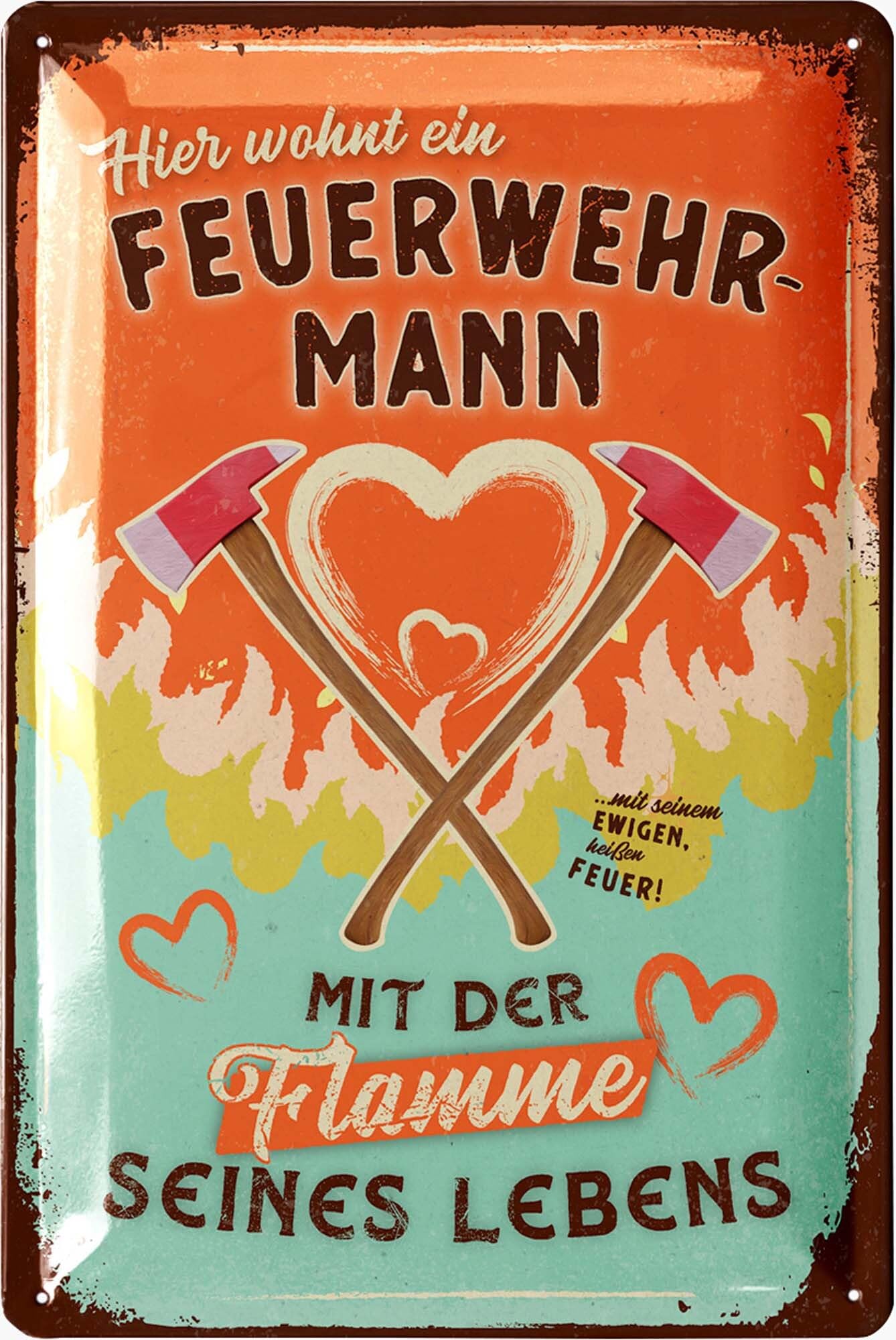 LANOLU Retro Tin Sign Fireman Flame of His Life - Fire Brigade Gifts for Men, Gift Ideas for Men, Fire Brigade Decorative Sign - Metal Sign with Saying in 20 x 30 cm