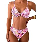 Fanuerg Women's Triangle Bikini Sets O Ring Linked Two Piece Swimsuits Floral Printed Cheeky Bathing Suit