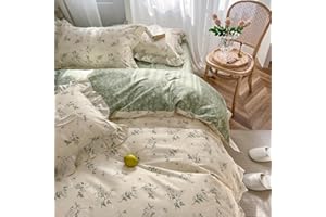mixinni Reversible Green Floral Duvet Cover Set Queen Size - 100% Cotton Botanical Bedding Set with Ruffle Lace, 3PCs Beige Soft Aesthetic Cottagecore Style Duvet Cover for Girls