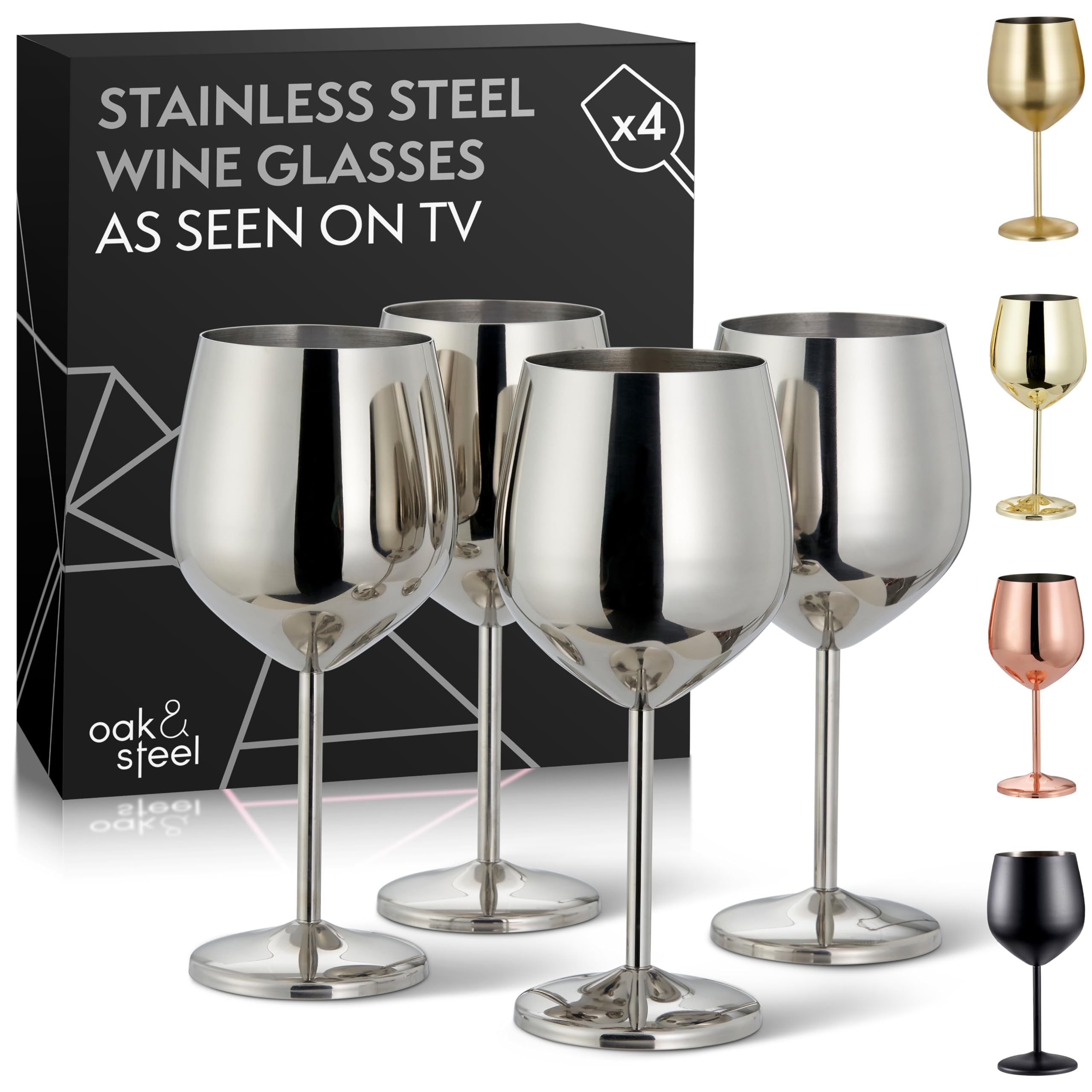 Oak & Steel - 4 Elegant Stainless Steel Silver Wine Glasses, 500ml - Unbreakable Goblet Glass Gift Set, for Weddings, Anniversary, Birthday Party